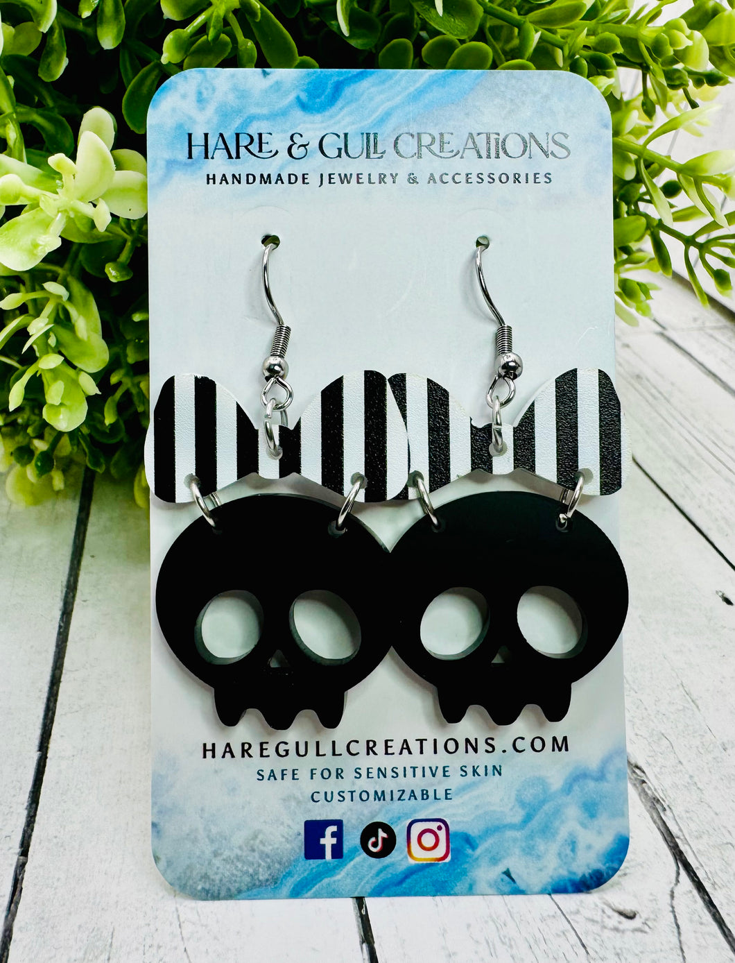 Striped Bow & Black Skulls Dangles