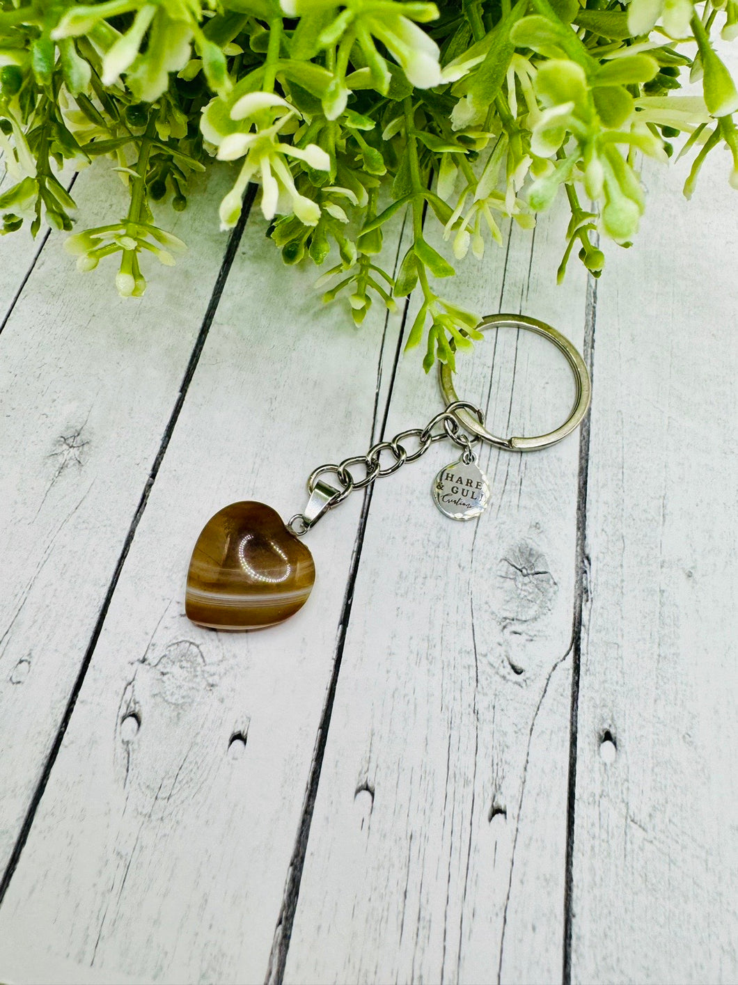 Genuine Heart Striped Agate Keychain - Brown & White