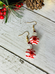 Red & White Glass Peppermint Candy Earrings