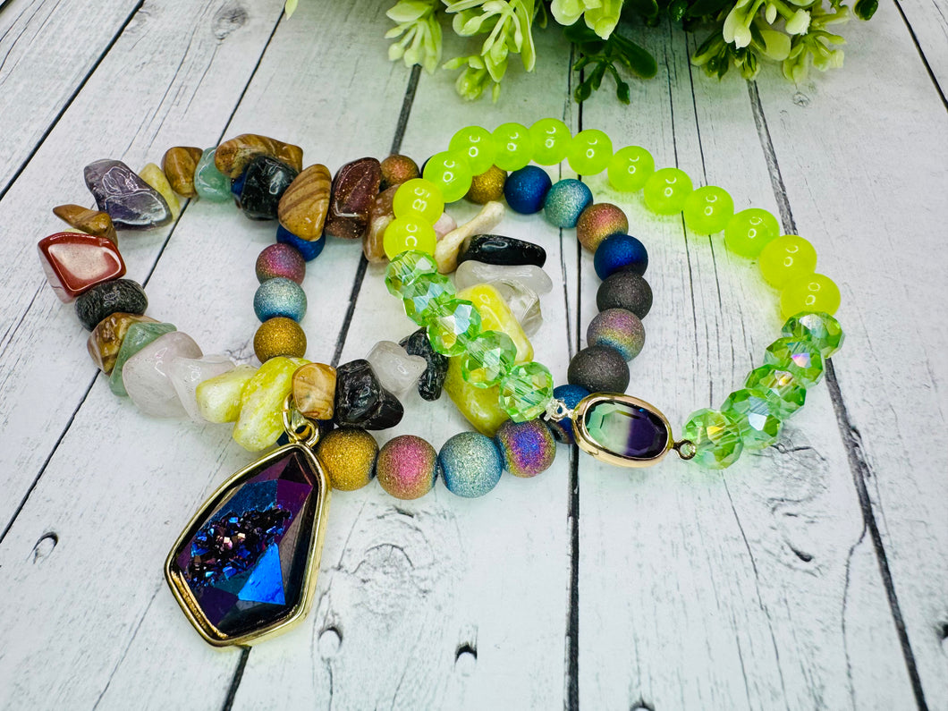 Genuine Rainbow & Lime Green Triple Bracelet Stack