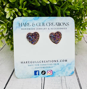 Magenta Rose Gold Heart Druzy Studs-  12mm