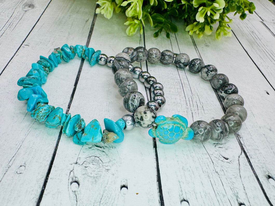 Grey & Turquoise Sea Turtle Genuine Bracelet Stack