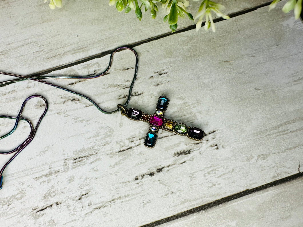 Rainbow Crystals Cross Necklace