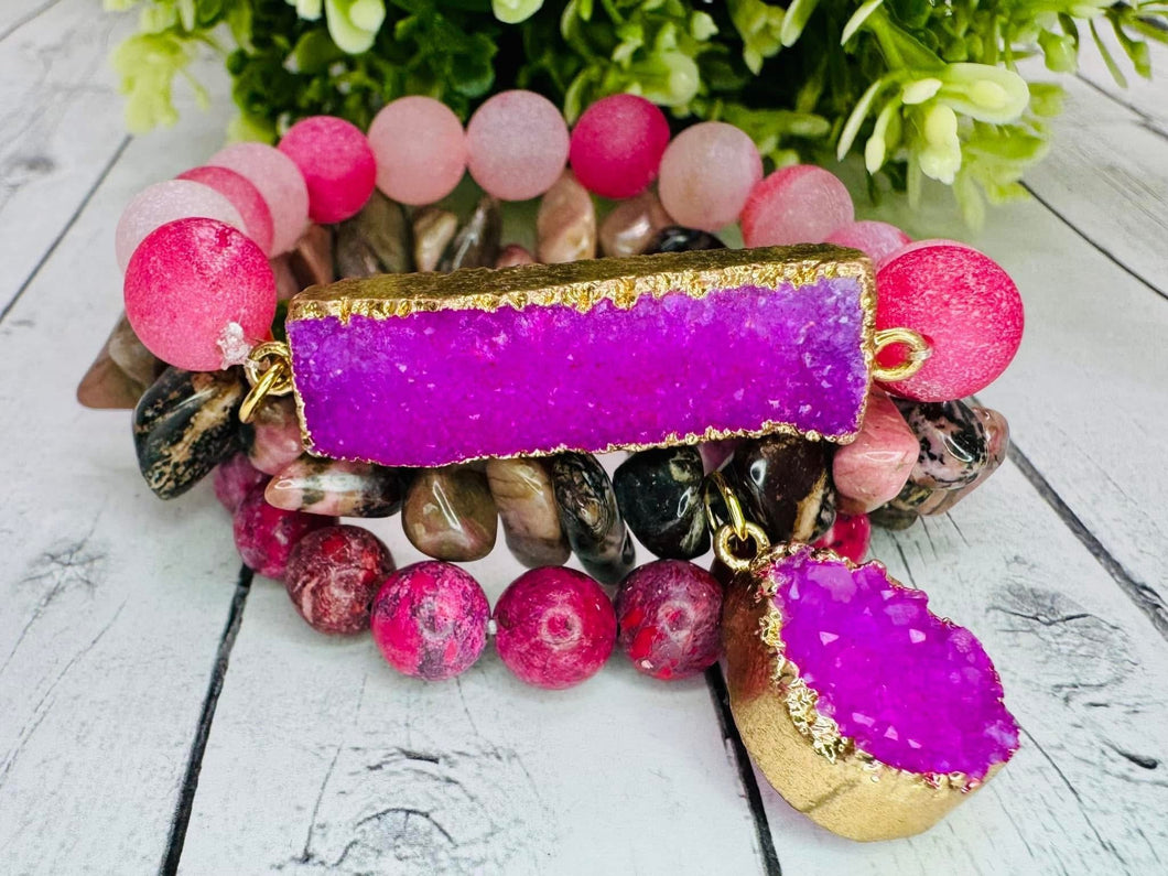 Genuine Hot Pink Triple Bracelet Stack