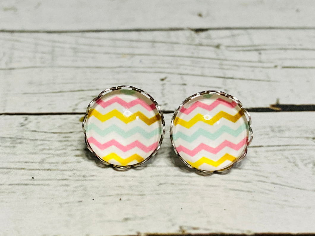 Spring Chevron Studs set in a Scalloped Silver Tray