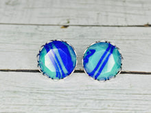 Load image into Gallery viewer, Blue &amp; Green Swirl Faceted Marble Studs in Silver Scalloped Studs
