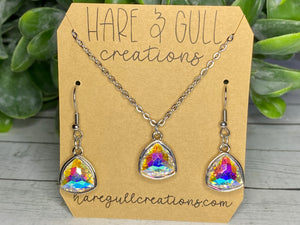 Clear Iridescence Triangular Crystal Necklace & Earring Set