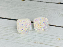 Load image into Gallery viewer, Clear Rainbow Cushion Cut Druzy Earrings
