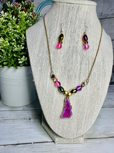 Hot Pink Druzy Agate beaded necklace & Earrings