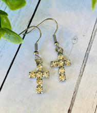 Load image into Gallery viewer, White Rhinestone Silver Cross Dangles

