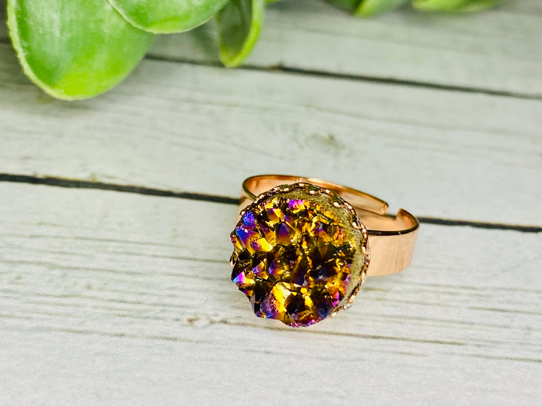 Genuine Magenta Rose Gold Druzy Ring